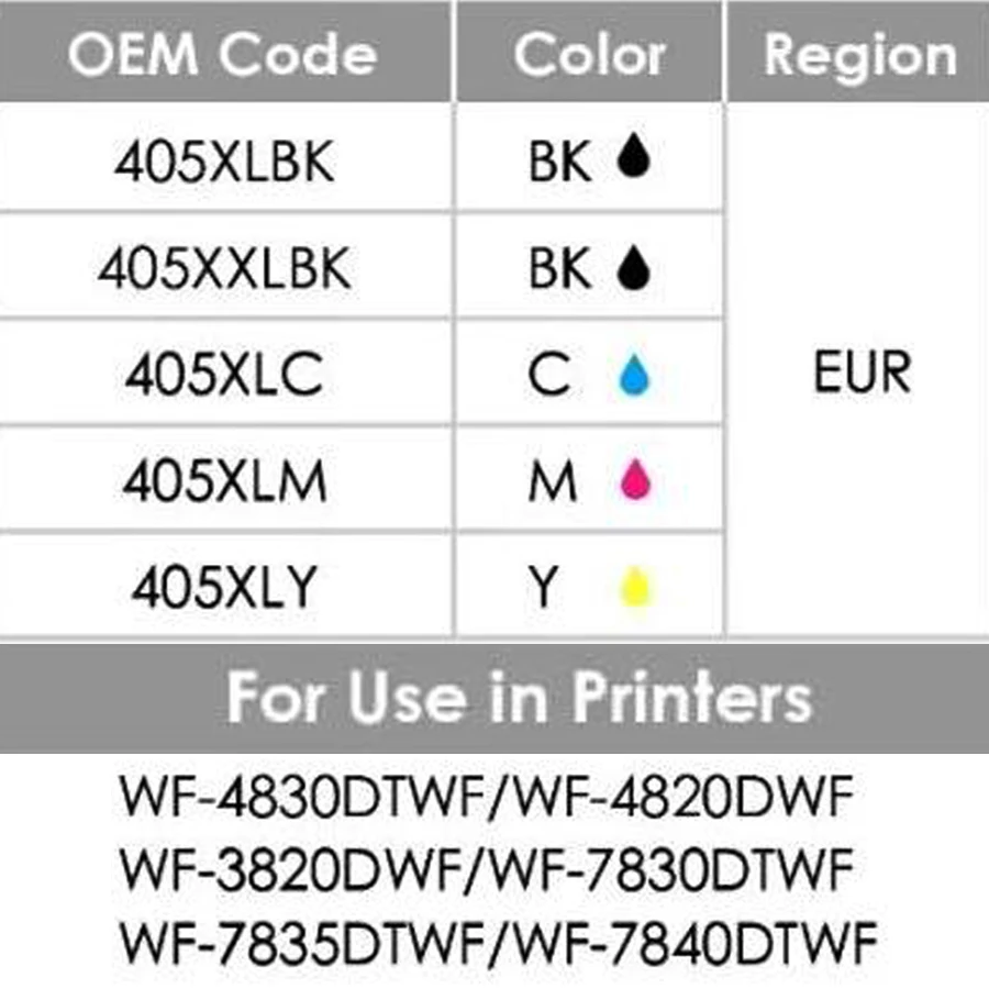 Europe 405 405XL Refill Ink Cartridge and Chip Resetter for Epson WF-4830 WF-4820 WF-3820 WF-7830 WF-7835 WF-7840 WF-7310