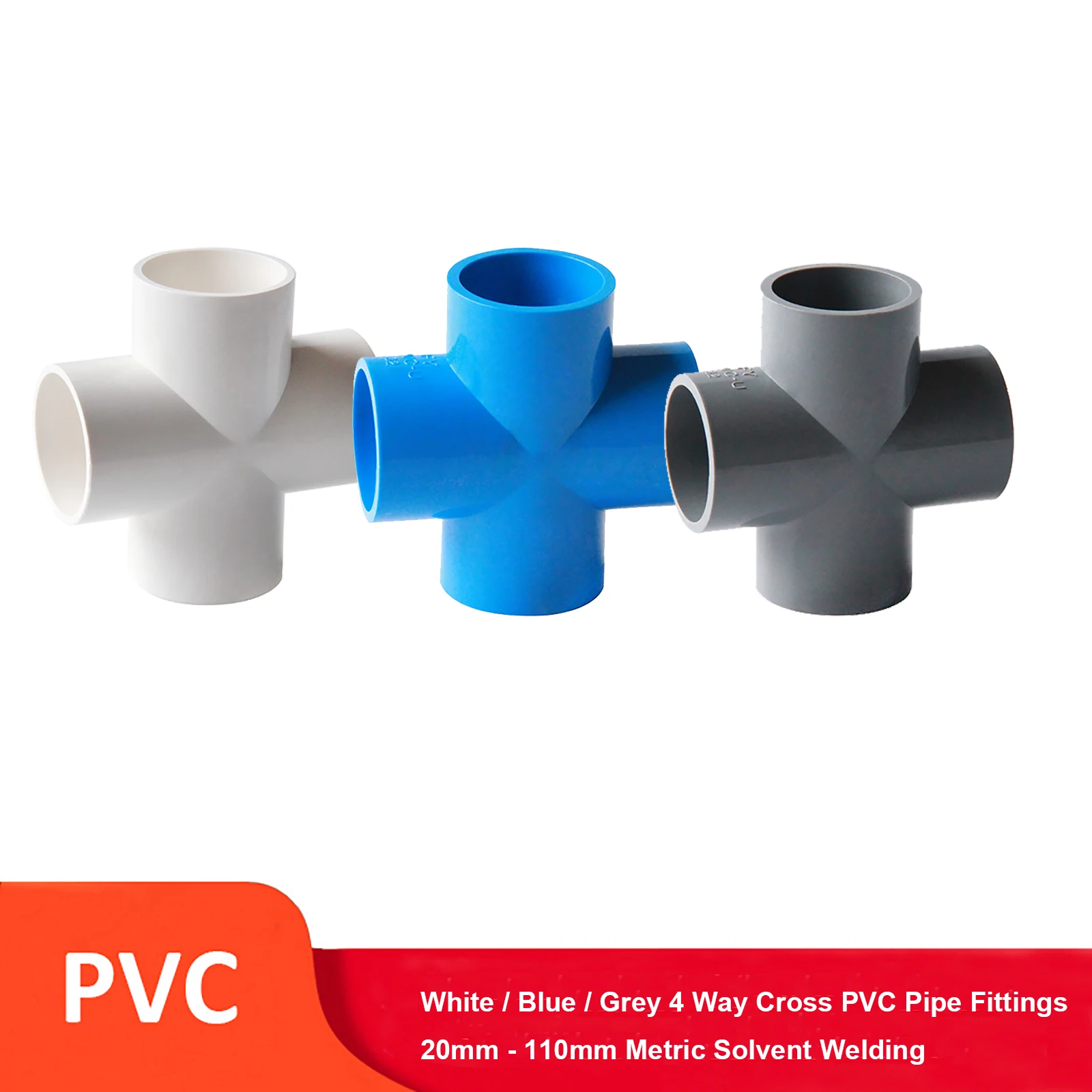 

PVC Cross 20,25,32,40,50,63,75,90,110,160mm Metric Solvent Weld Pressure Pipe Fitting Connector Aquarium Pond Pool Garden DIY