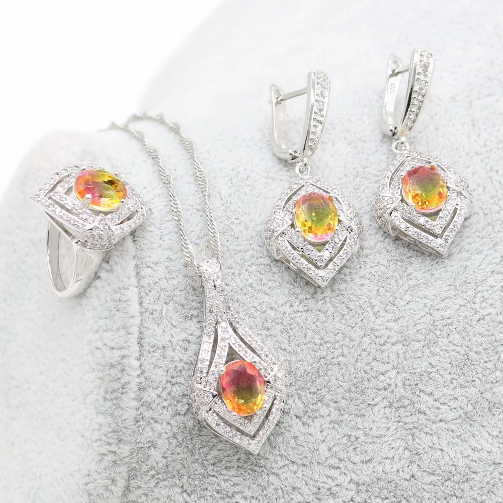 XUTAAYI Multicolor 925 Silver Wedding Jewelry Sets Earrings For Women Luxury Jewelry Bracelet Rings Bridal Pendant Necklace Set