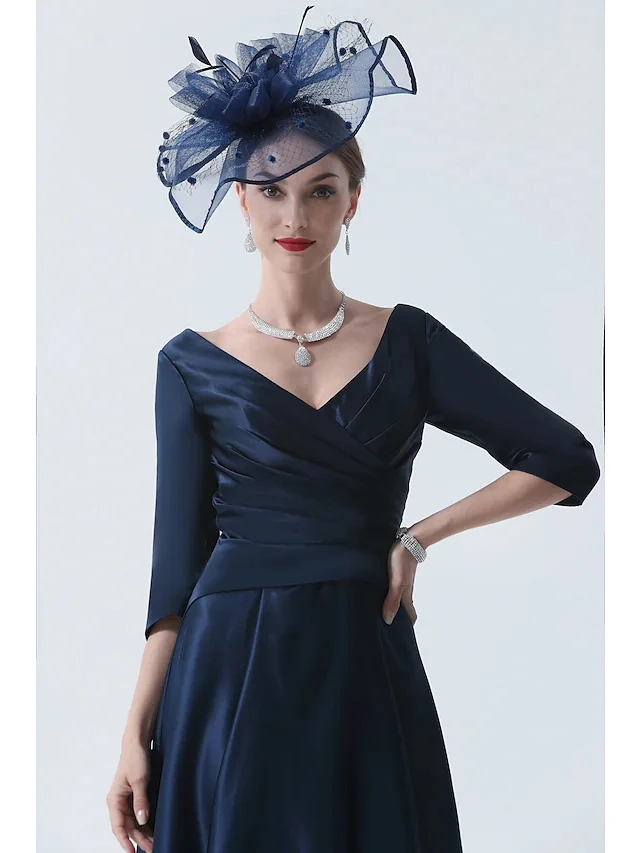 Gaun Ibu Mempelai Wanita A-Line Biru Navy Gaun Pesta Satin Panjang Teh Leher V Vintage Elegan Ukuran Plus