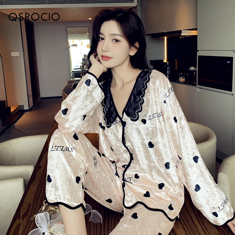 QSROCIO Women\'s Pajamas Set Velvet Sleepwear Cute Bow Print Lapel Homewear Casual Lace Nightwear Luxury Pyjamas Femme for Girl