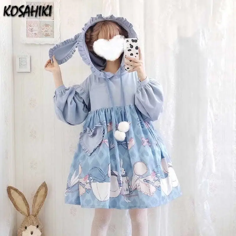 KOSAHIKI Autumn Japanese Kawaii Girl Sweet Lolita Dress Cute Bowknot Rabbit Ears Gothic Loli Cosplay Dresses 2025 oversize Robe