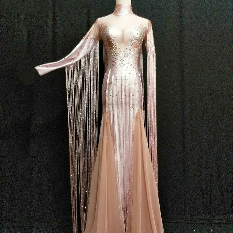 

Women Sexy Stage Tassel Pink Long Dress Sparkling Rhinestones Women Costume Nightclub Party Singer Dancer Performance Stage Wear