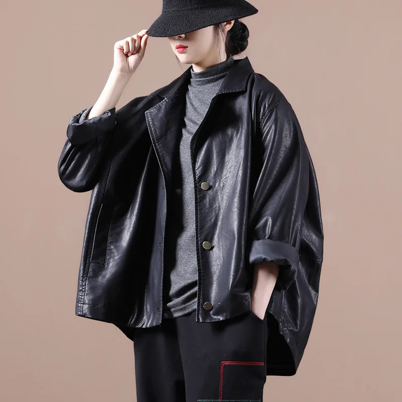 

Female new spring and beiginning summer Korean style plus size literary hem ribbon bat sleeve loose PU leather jacket