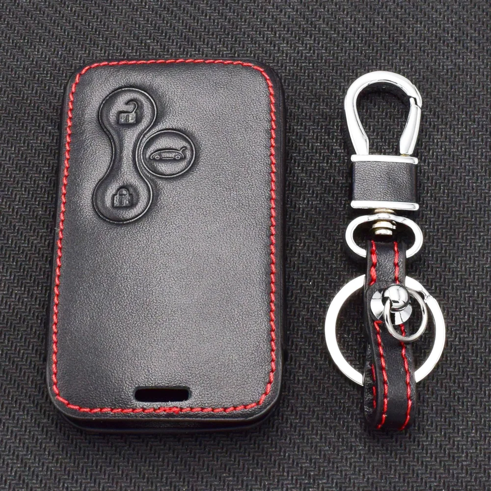 Leather Car Key Case For Renault Megane Scenic Clio 3 Buttons Smart Remote Control Fob Cover Keychain Protector Bag Accessories