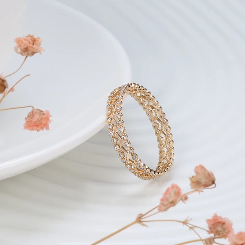 Kinel New Arrivals 585 Rose Gold Ring Double Row Micro-wax Inlay Natural Zircon Hollow Rings Women Wedding Party Fine Jewelry