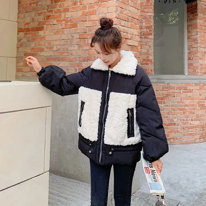 패치 워크 여성 Parkas 한국 패션 Thicken Warm Kawaii Jacket 램 울 칼라 지퍼 아래 면화 패딩 퀼트 코트 여성