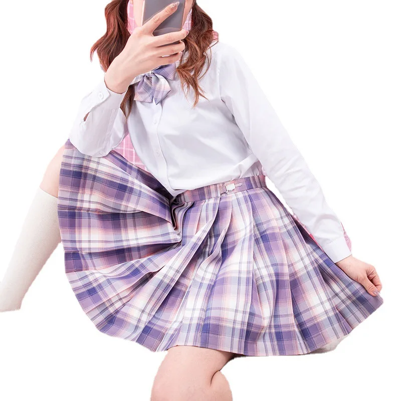 Japanese Jk Uniform Two Piece Suits Women White Long Sleeve Shirts+Purple Plaid Mini Skirt Preppy Style High Waist Skirts Sets