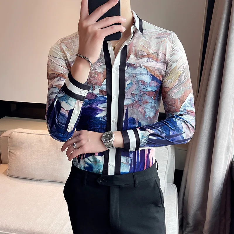 Luxury Printed Men\'s Shirt Long Sleeve Casual Shirt Slim Business Formal Dress Shirt Streetwear Social Party Tuxedo men clothing