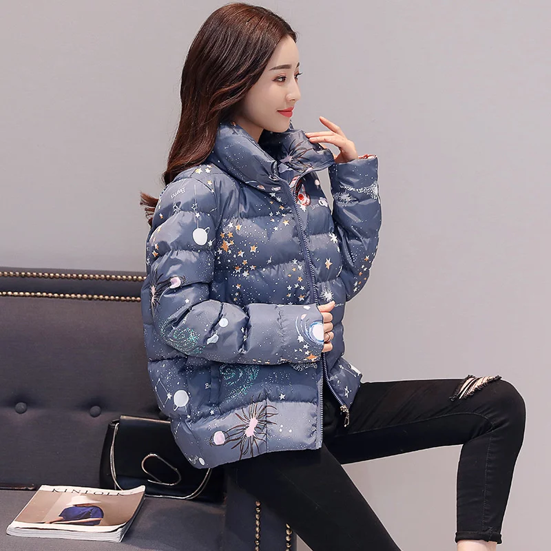 Print Winter Cotton Jacket Women Zipper Thick Warm Casual Black Short Coat Female Streetwear Sweet Stand Collar Down Jacket