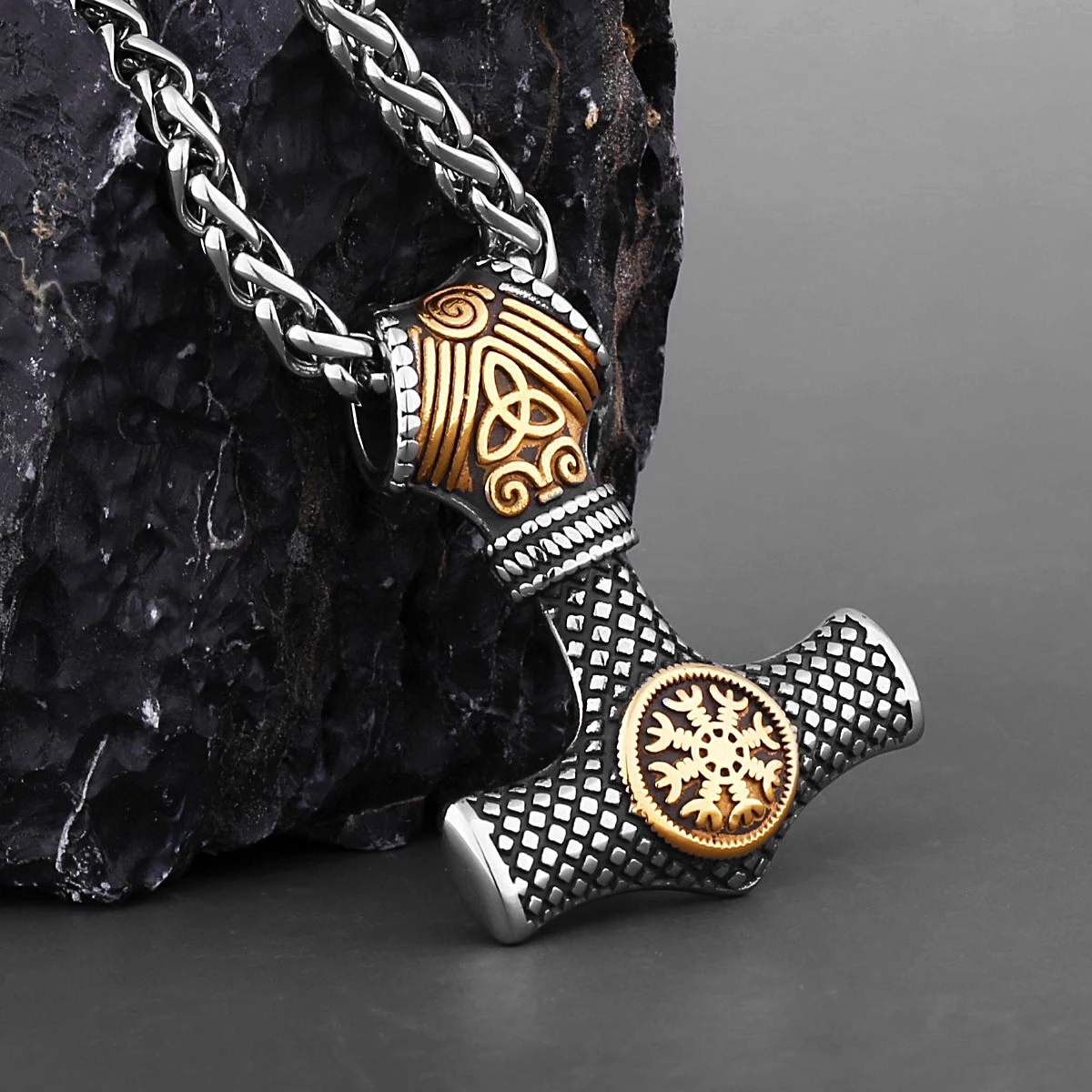 Nordic Viking Thor's Hammer Compass Necklace Vintage Stainless Steel Mixed Gold Color Vegvisir Jewelry Scandinavian Rune Amulet