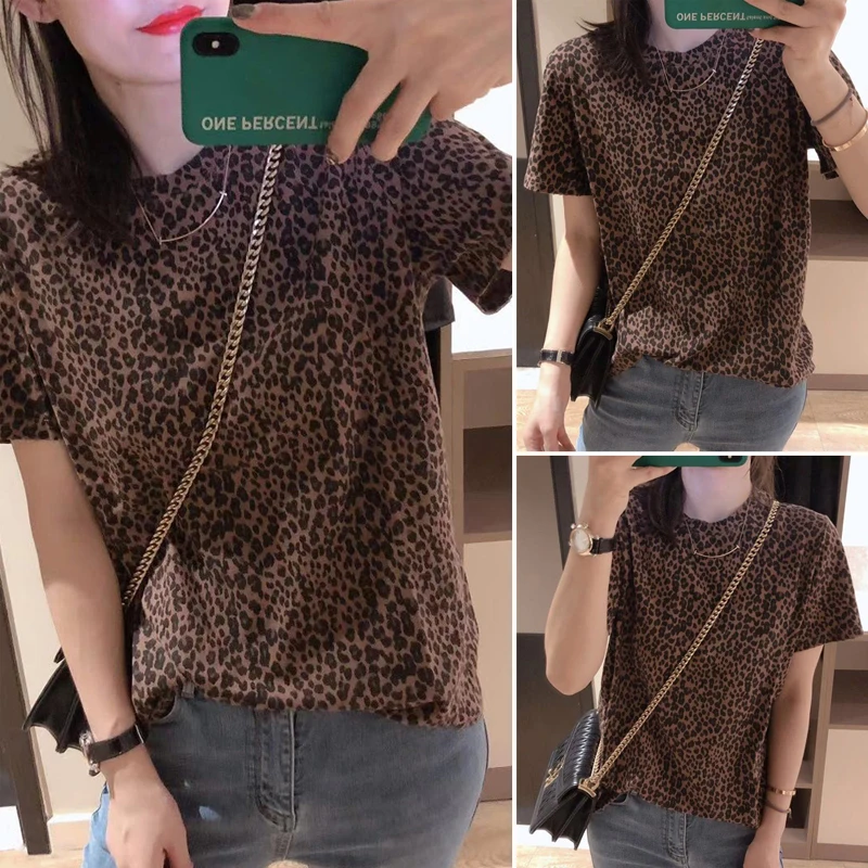 New Women\'s Round Neck Leopard Print Short-sleeved T-shirt All-match Bottoming Shirt Loose Casual Top