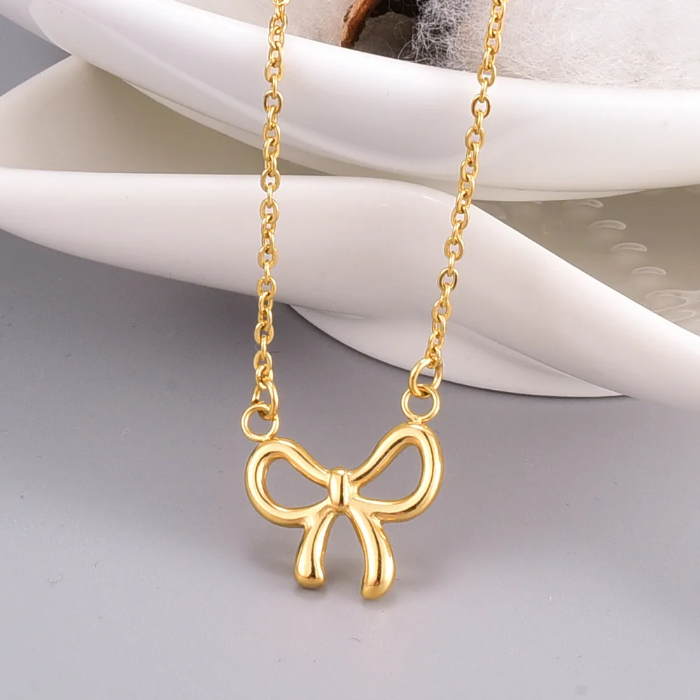 

14k Yellow Bowknot Shaped Gold Necklacs for Women Birthday Party Girl Heart Fashion Simple Ins Clavicle Chain Necklaces Jewelry