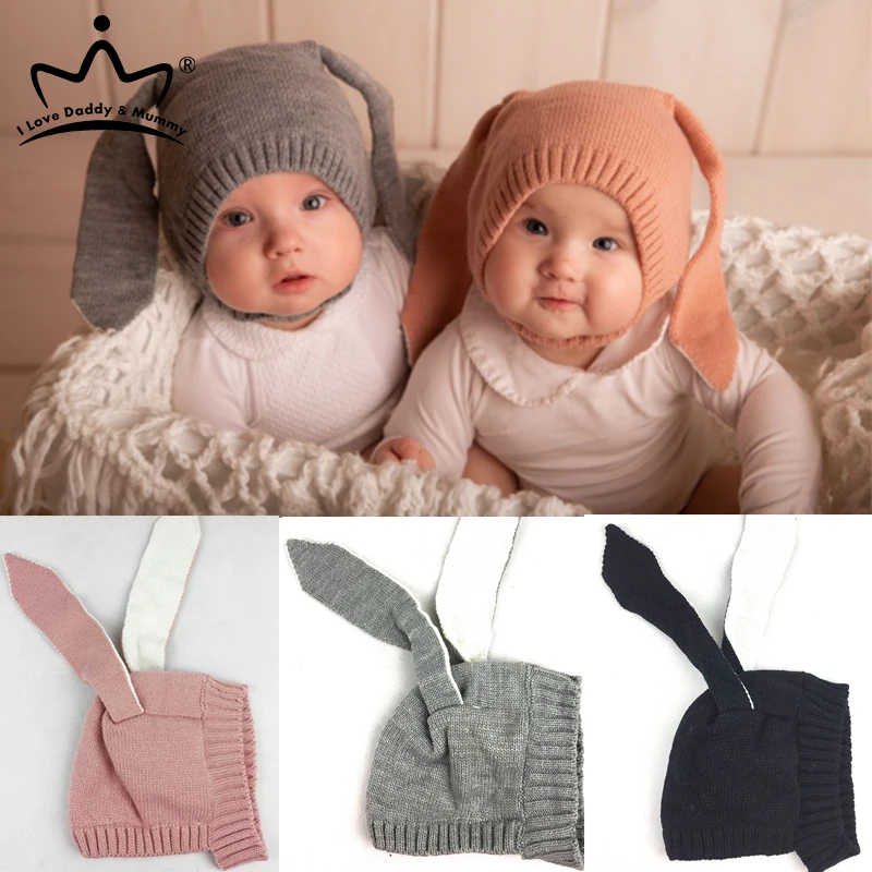 Cute Rabbit Ear Baby Hat Winter Knitted Warm Kids Cap Beanie Solid Color Infant Toddler Earflap Hats 6-24M