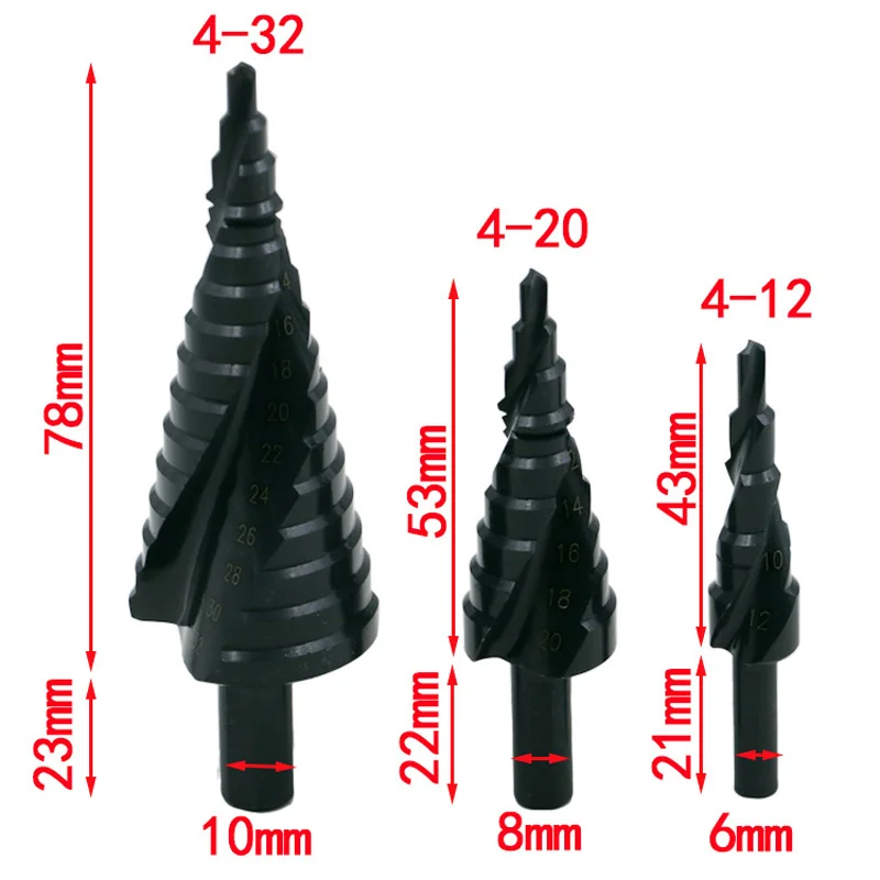 HSS Titanium Nitride Coated Cone Spiral Step Drill Bit Set Metal Hole Cutter Power Cobalt Nitrogen Flute High Speed Steel