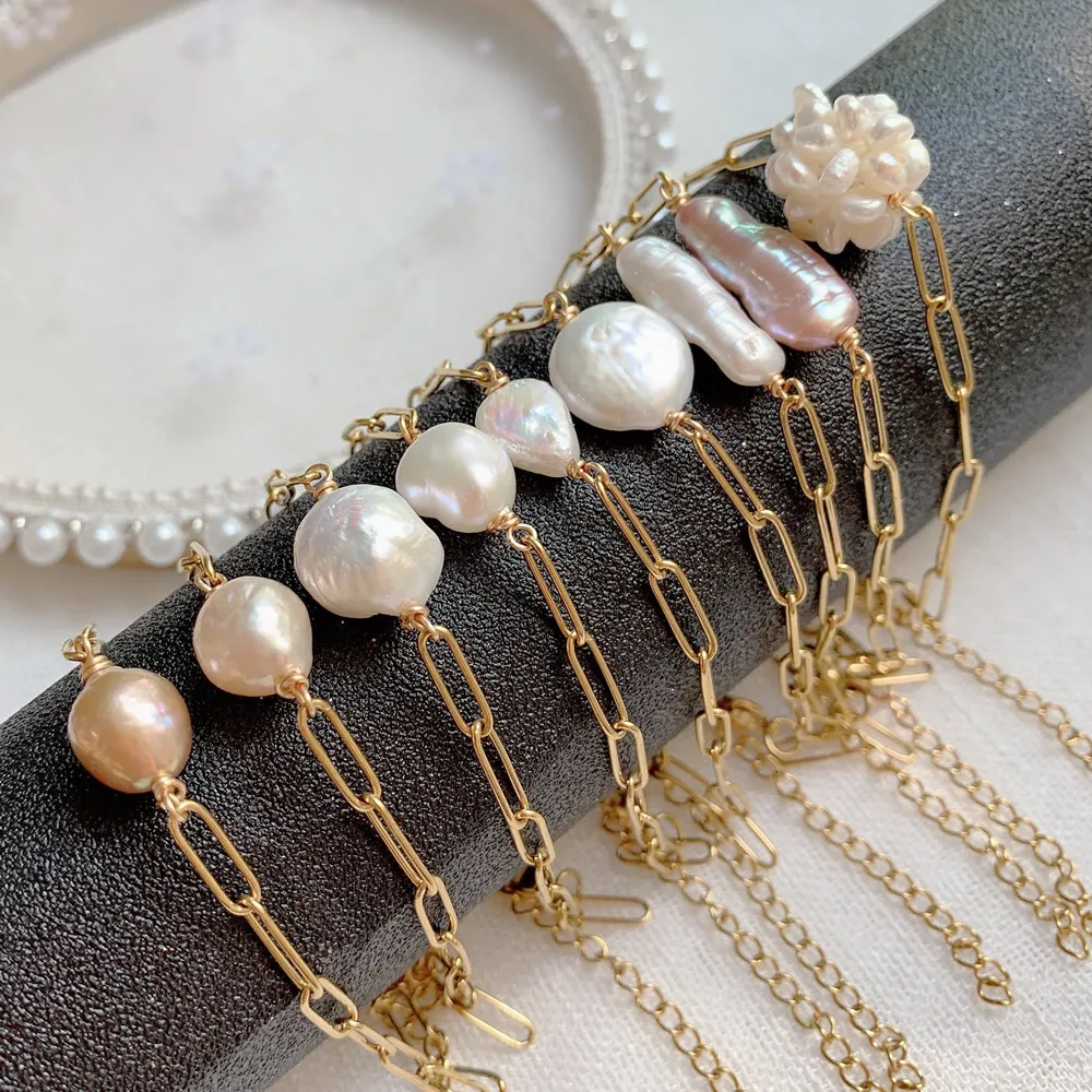 Natural Freshwate Pearl Bracelet Gold Color Stainless Steel Chain Irregular Baroque Pearl Charm Bracelet for Women Wedding Party