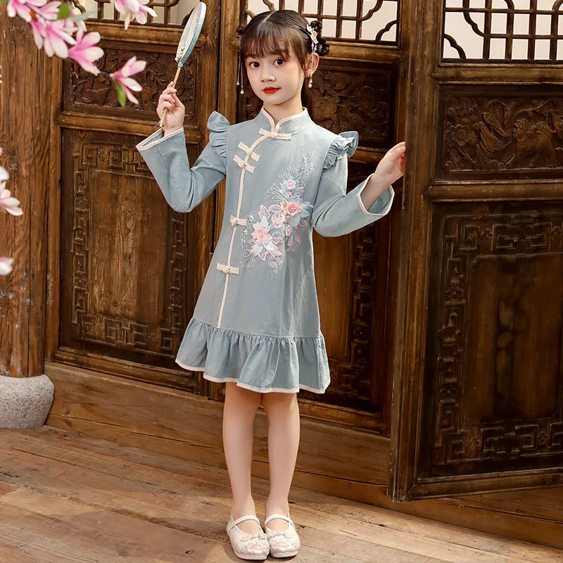 Exquisite Appliques Girls Cheongsam Long Sleeve Qipao Lovely Kids Formal Dress Mandarin Collar Chinese Dress Princess Dress