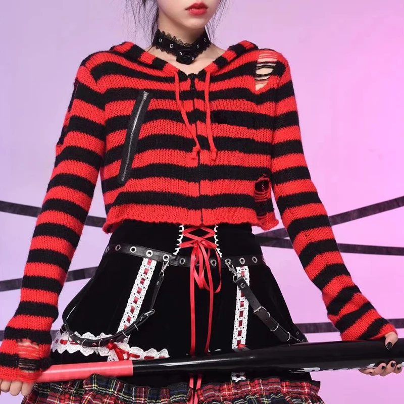 Y2k Girl Zipper Hollow Out Sweaters Gothic Lady Striped Cardigan Short Hooded Sweater Autumn Long Sleeve Black Red Knitted Top