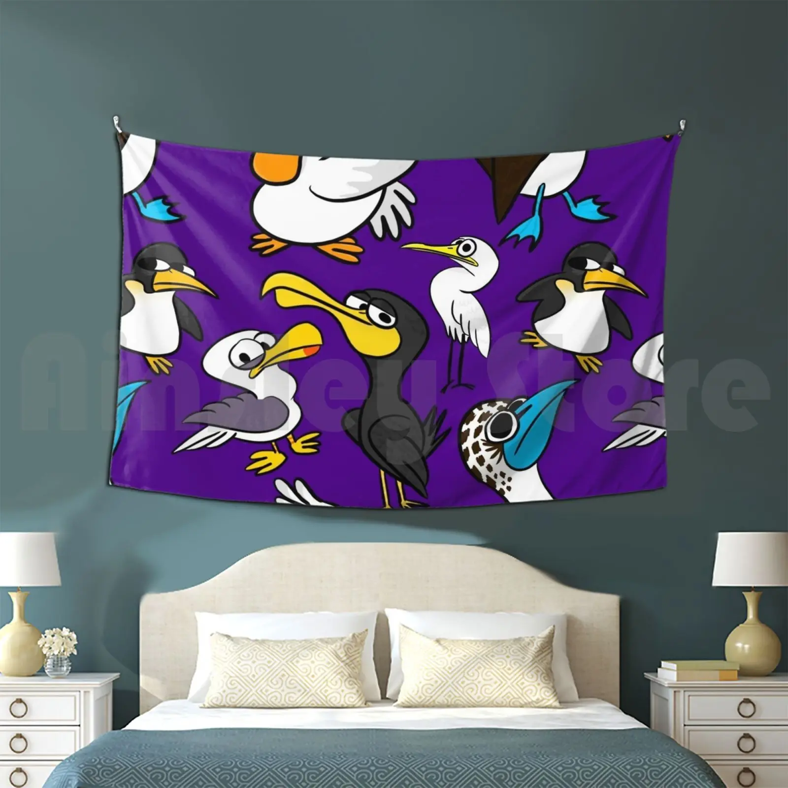 Cartoon Seabird Flock Tapestry Background Wall Hanging Flock Crowd Bird Birds Pelican Sea Gull Gull Penguin Blue