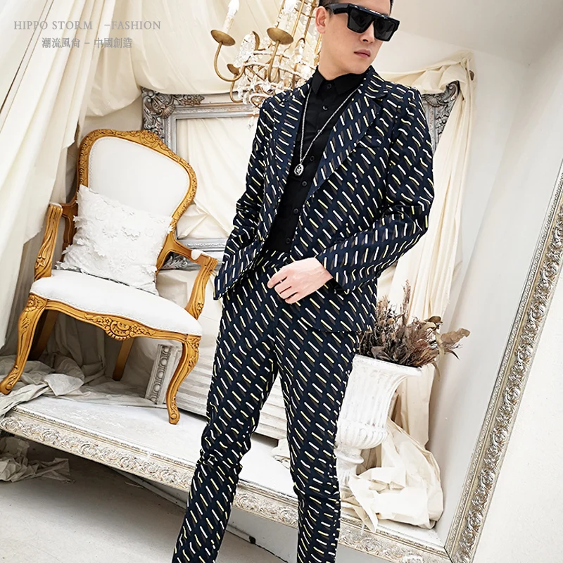 Fashion Print Male Blazer Jacket Suit Coat Men Slim Fit Suits Sets 2pcs (jacket+pant) Stage Show Singer Dj Costumes Customized