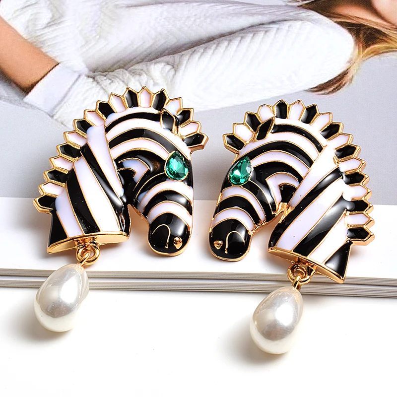 Vintage Simulated Pearl Earrings For Women Zebra Earrings Metal Dangle Drop Earrings Animal Statement Jewelry Gifts