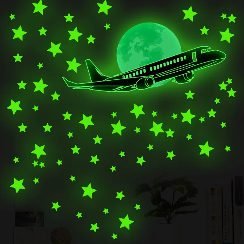 Flugzeug-Sterne-Mond-Leuchtwandaufkleber für Schlafzimmer, Wohnzimmer, Kinderzimmer, Heimdekoration, im Dunkeln leuchtende Kombinations-Tapeten – Detail 5