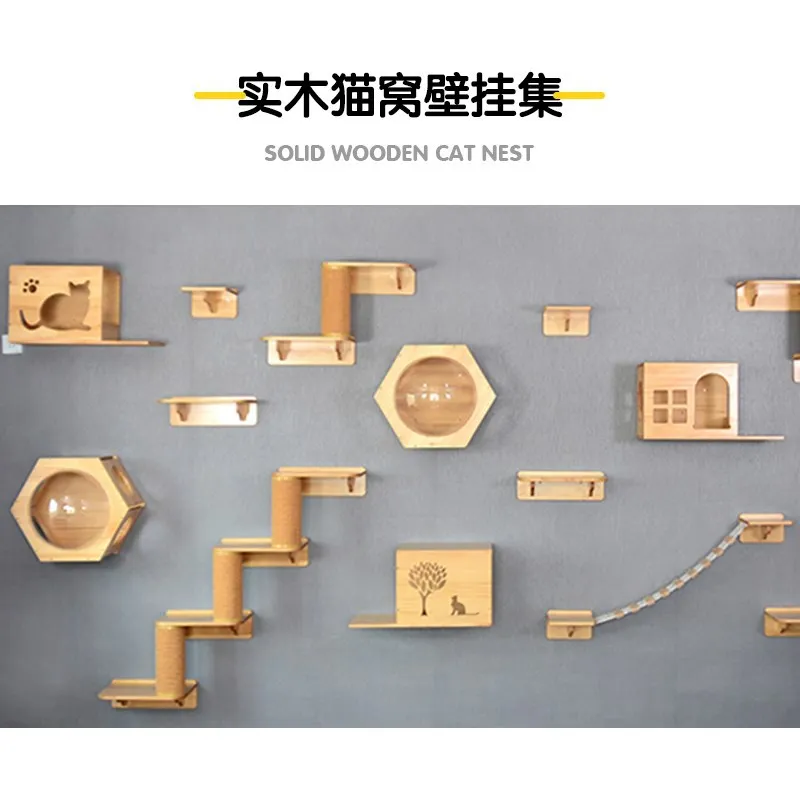 Cat Climbing Frame Wall Hanging, Cat jumping Table, Free Punching Solid Wood Hanging Wall