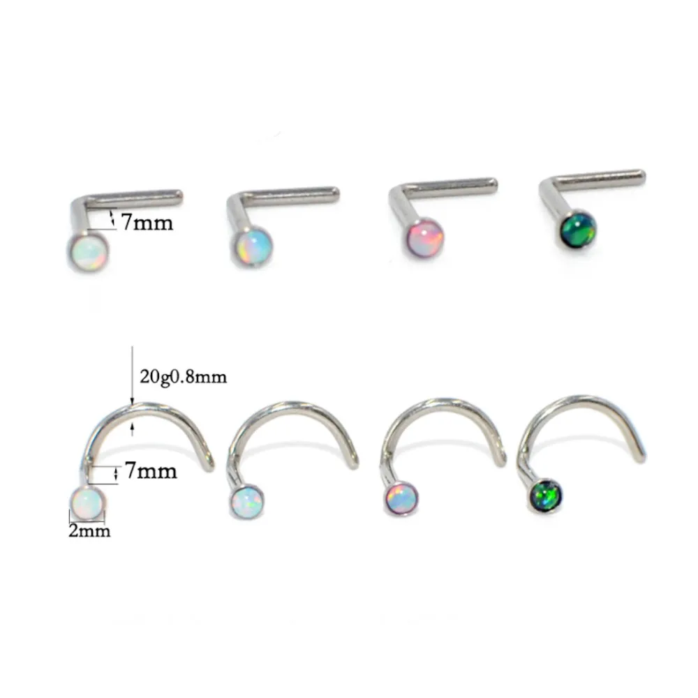 Leosoxs 1pc Opal Zircon L-shaped Curved Rod Steel Color Nose Nail S-shaped Temperament Nose Nail 0.8*7*2mm Jewelry Piercing