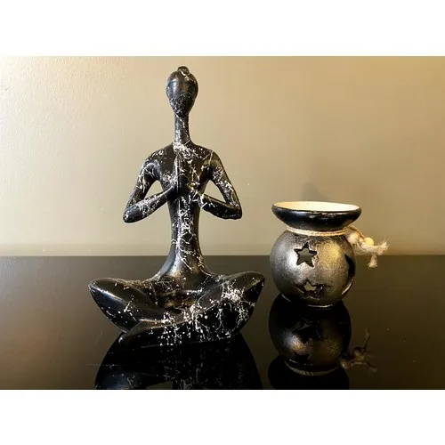 Talya Art Design Talya Art Design than, Set, marble Look Namaste Women Candle Holder and Silvery Black Sea Censer.