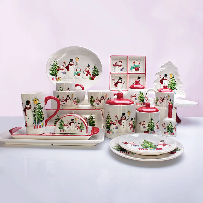 Nordic Village Christmas Snowman Bowl and Plate Tableware Set Embossed Rice Salad Bowl Western Style Ceramic Flat Ceramics Cup