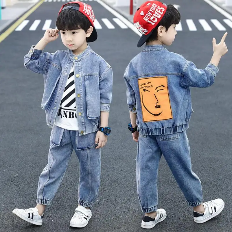 Boy Denim Suit 2020 Spring And Autumn New Style Big Boy Korean-style Autumn Clothes Kids' Overcoat TrousersTwo-Piece Set 3-12Y