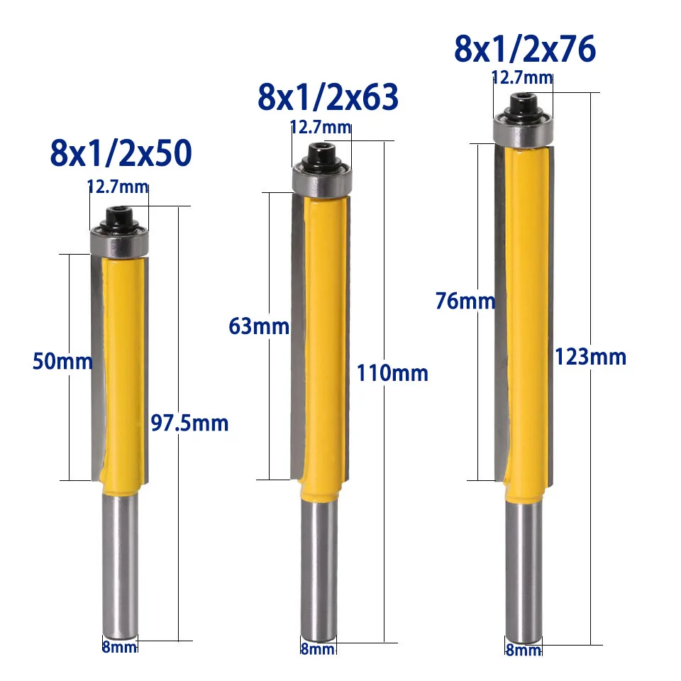 3 Pcs 8mm Shank 1/2  Flush Trim Router Bit Drills with Top Bearing for Wood Tungsten Carbide Tipped Milling Cutter Carving