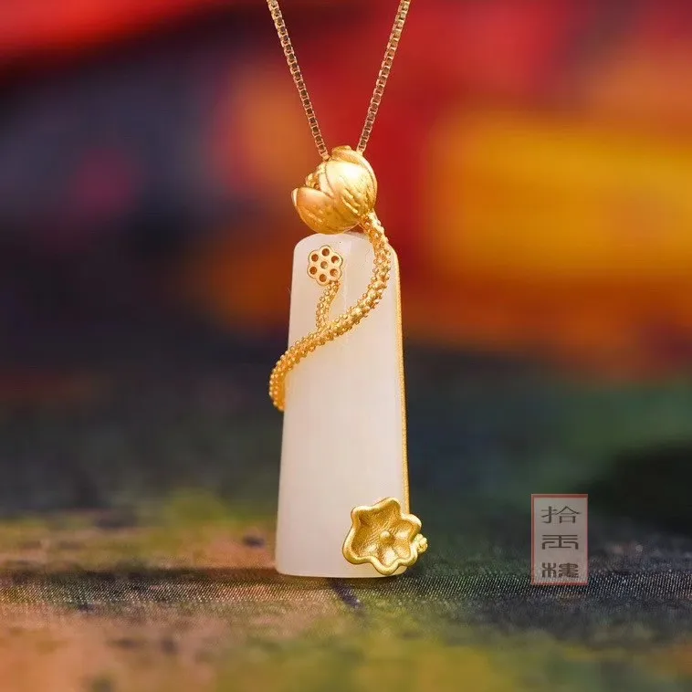 

Natural 5A white jade pendant lotus jade necklace with gufakin gold 925 sterling silver necklace women jade jewelry