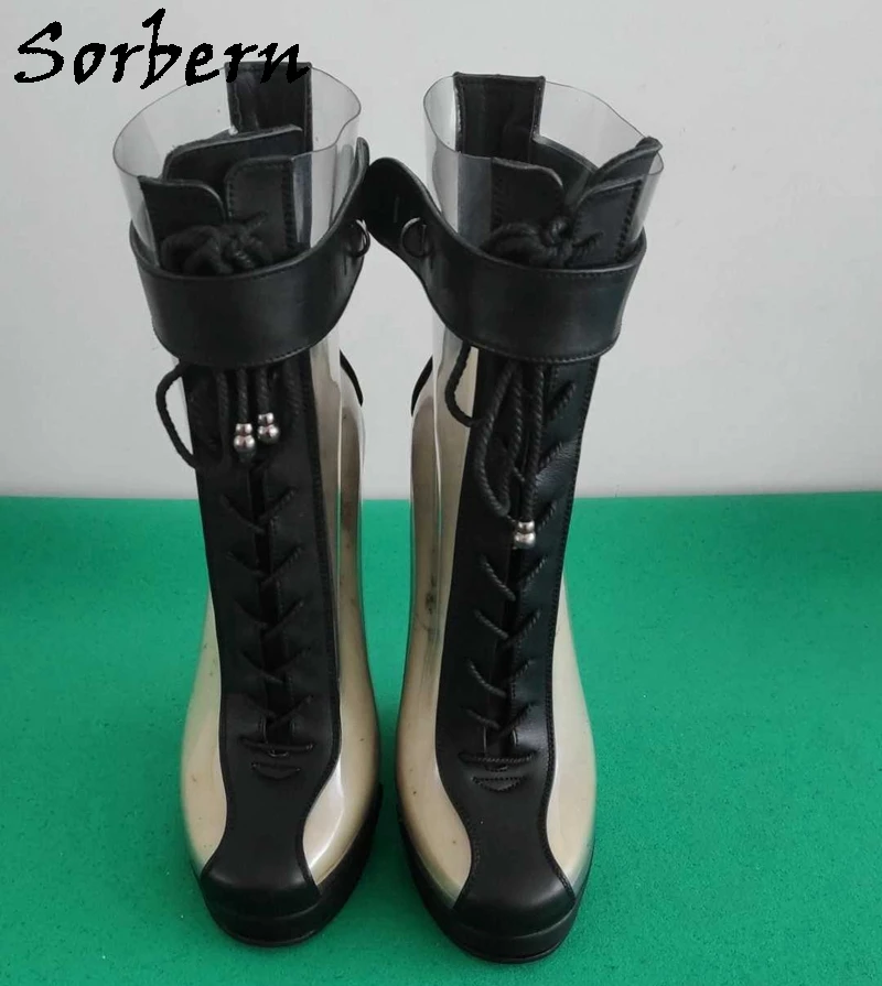 Sorbern stivali in pelle di mucca opaca nera donna stivaletti alti con lacci scarpe con plateau senza tacco punta tonda scarpe Fetish stivaletti