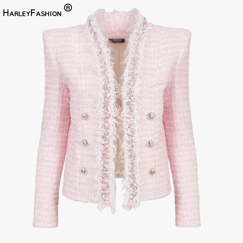 

HarleyFashion Winter Women Pink Tweed Jacket Cardigan Tassel Beading Luxury Quality Sweet Thick Coat