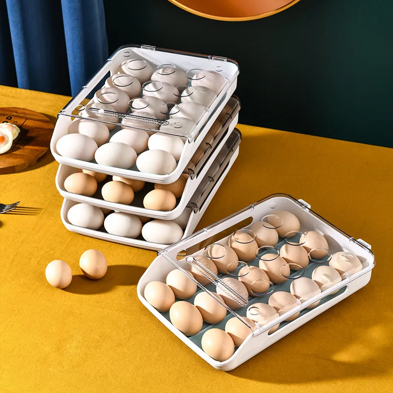 New Automatic Rolling Egg Box Kitchen Items  Refrigerator Storage Organizer  Household Transparent Drawer Tray Space Saver