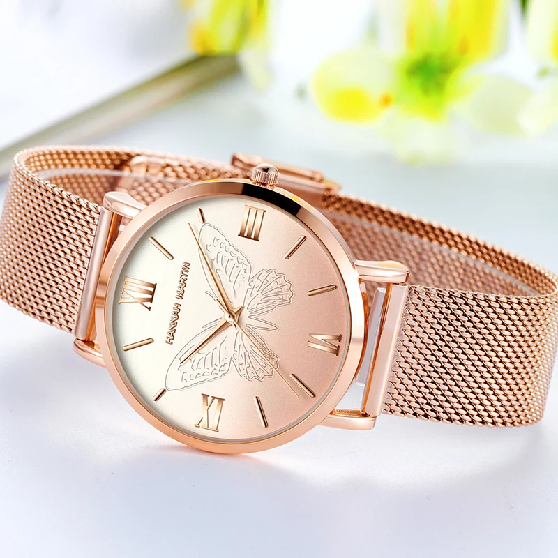 2021New Women\'s Watch Luxury 3D Butterfly Rose Gold Mesh Strap Japanese Movement Waterproof Quartz Women Wristwatch Montre Femme