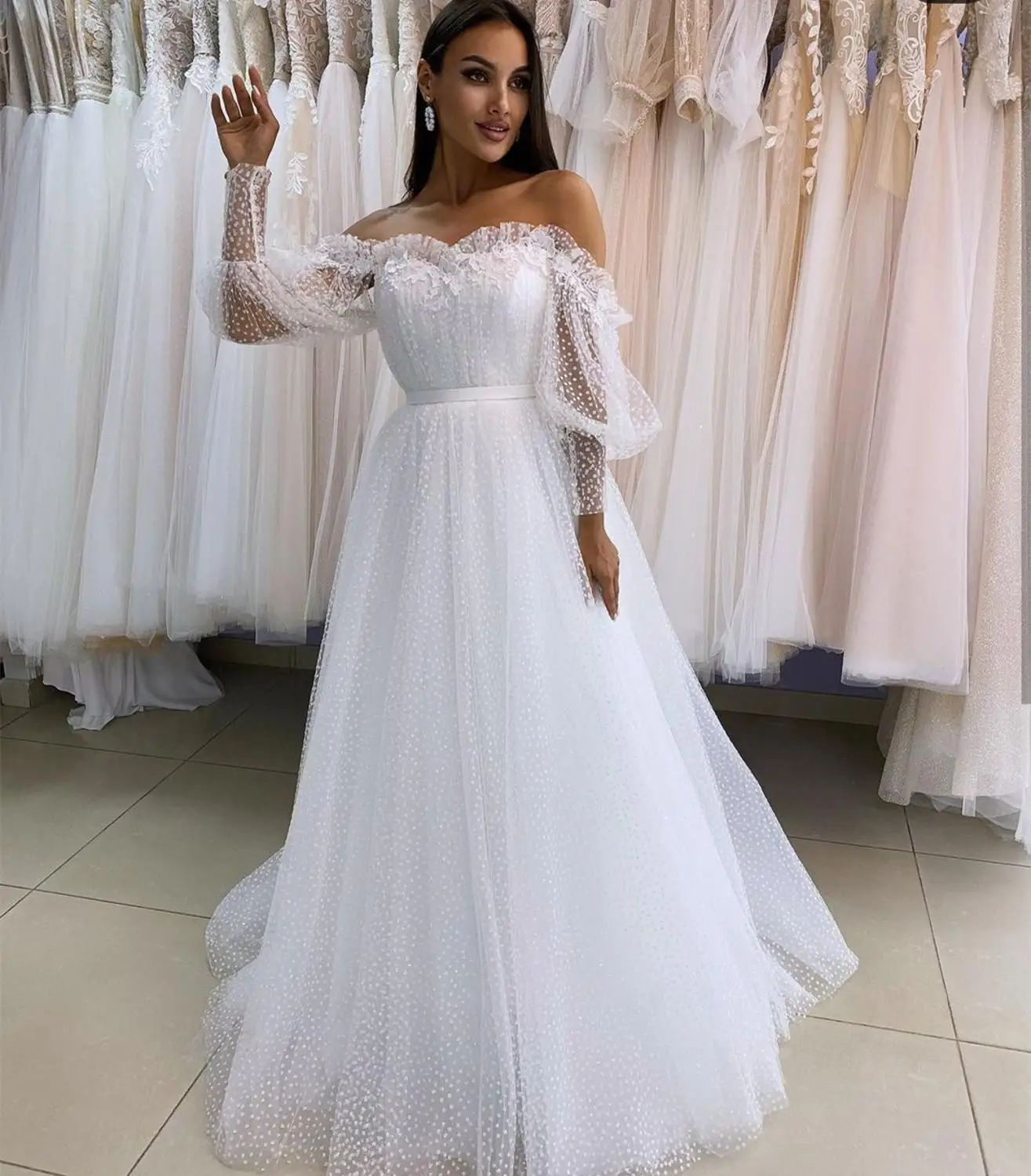 Vestido De novia De manga larga con hombros descubiertos para mujer, traje De novia De corte en A con manga larga, impresionante, talla personalizada