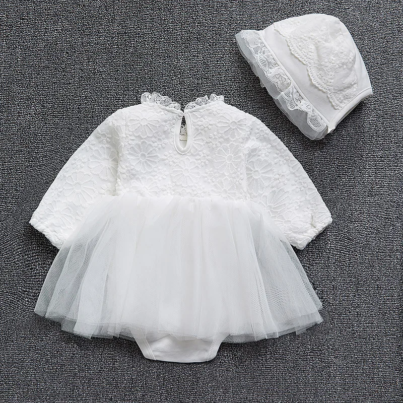 Princess Flowers Newborn Baby Girl Dress Long Sleeve Gauze Lace Party Dress White Girls Dresses + Hats