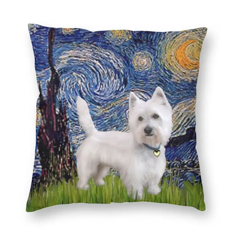 Starry Night West Highland Terrier Cushion Covers Sofa Home Decor Westie Dog Van Gogh Art Square Throw Pillow Case 45x45cm