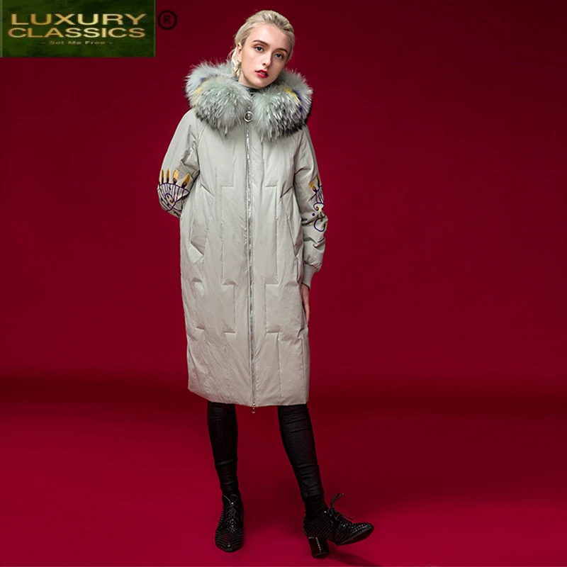 Jacket Down Brand Women's Warm Winter Female Jacket 2021 Streetwear Embroidery 90% Duck Down Coat Large Fur Parka 18N570