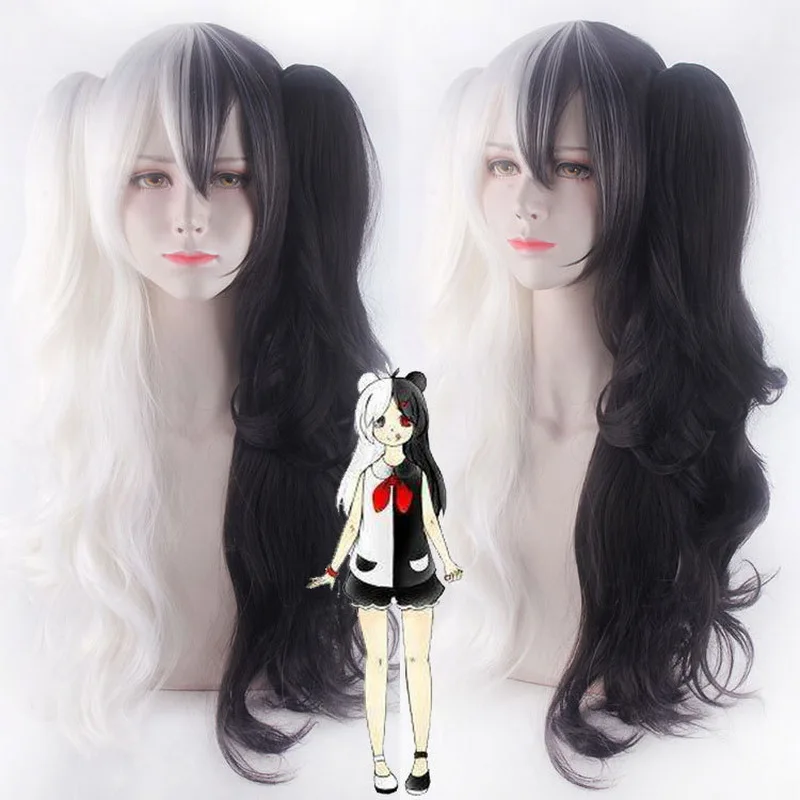 Peluca de cabello sintético para mujer, cabellera de Cosplay con coletas, color blanco y negro, resistente al calor, monokuma, Anime, Danganronpa