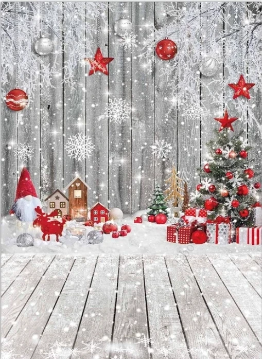 Red Christmas Wood Gnome Backdrop for Photography Winter Wonderland Wooden Floor Holiday Snowflakes Let It Snow Birthday Party