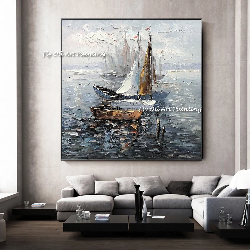 

100% Handmade Sailboat Ocean Oil Painting Seaside Large Size Canvas Scenery Abstract Landscape for Porch Room Decoration