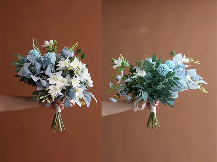 Janevini Romantische Kunstmatige Bloemen Blauw Wit Bruidsboeket Handgemaakte Zijden Rozen Hortensia Elegante Koreaanse Bruids Nep Boeket