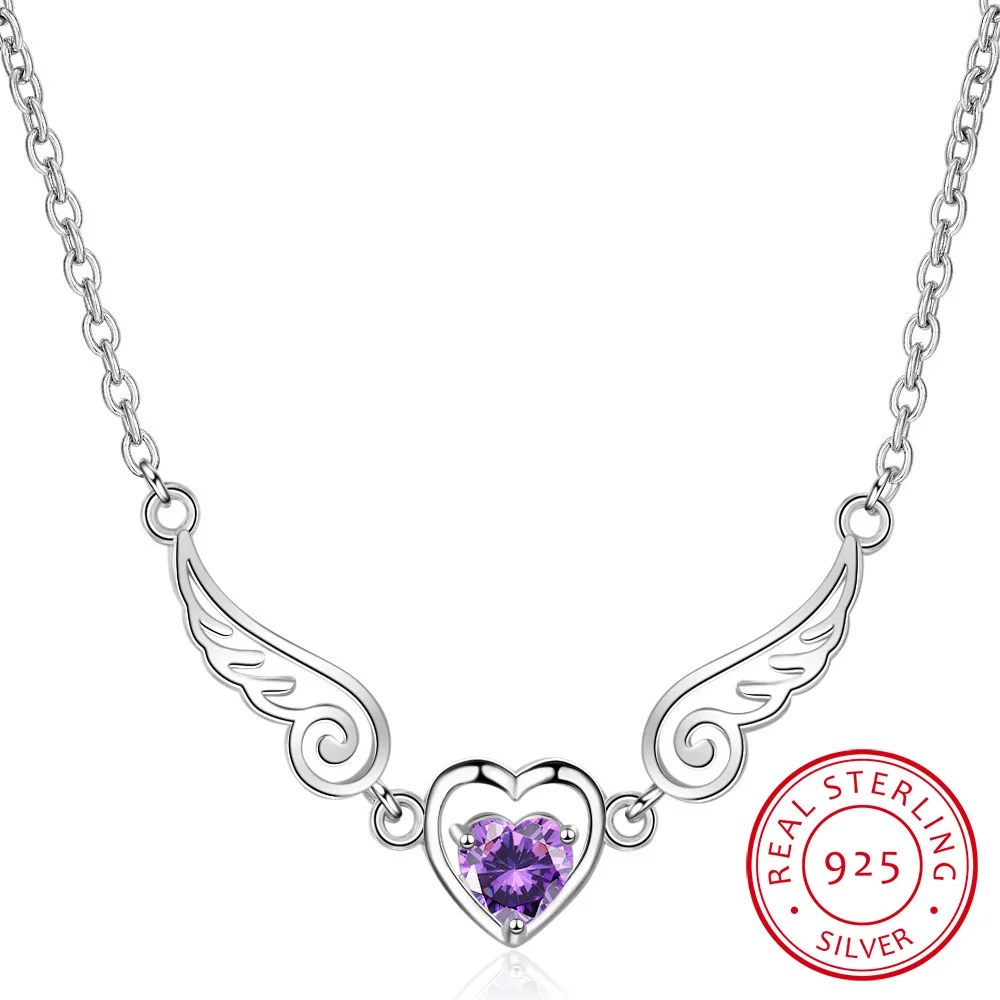 Dainty 925 Sterling Silver Love Heart Angel Wings Pendant Necklaces With Purple Zirconia collares collier Fine Jewelry S-N468