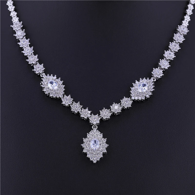 HUAMI Classic Water Drop Earrings Pendant Necklace Sets for Women Jewelry Luxury Material Silver Color Shine Zircon Wedding