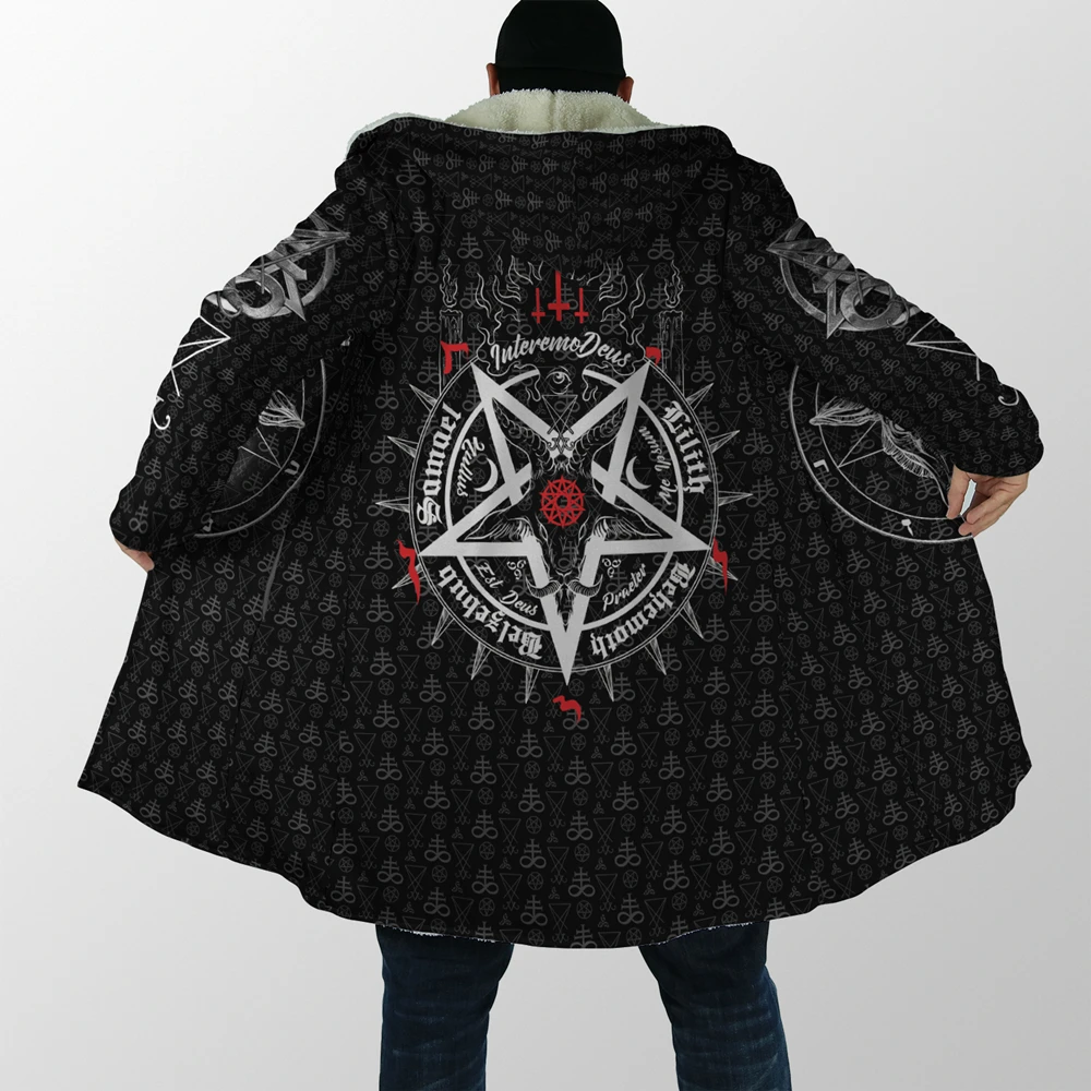 New Fashion Mens Hooded Cloak Satanic Symbol Tattoo 3D Print Fleece Coat Winter Thick Warm Cape Style - 4NF06