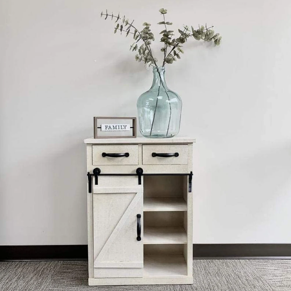 Classic Style White Country Style Single Barn Door With 2 Drawers Vintage Side Table  Wooden Cabinet Cupboard Kitchen Cabinet