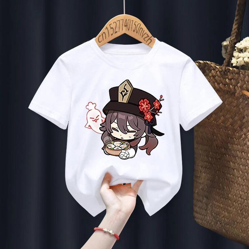 Hu Tao  Genshin Impact Print Red Kid T-shirts Children Baby Black Harajuku Kawaii Clothes Boy Girl Tops Gift Present ,Drop Ship